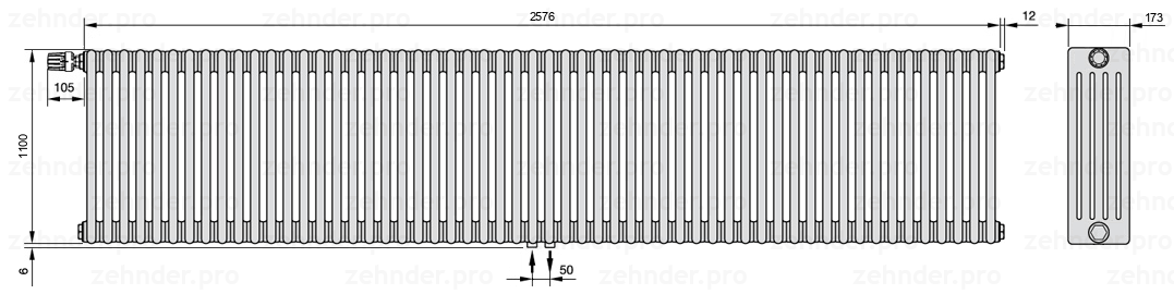 Схема (чертеж) Радиатор Zehnder Charleston 5110/56 №V007 Белый глянцевый RAL 9016